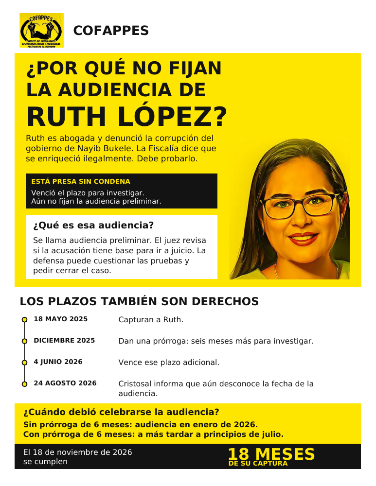 Cara uno del volante de COFAPPES: ¿Por qué no fijan la audiencia de Ruth López? Incluye una explicación de la audiencia preliminar y una cronología del proceso.
