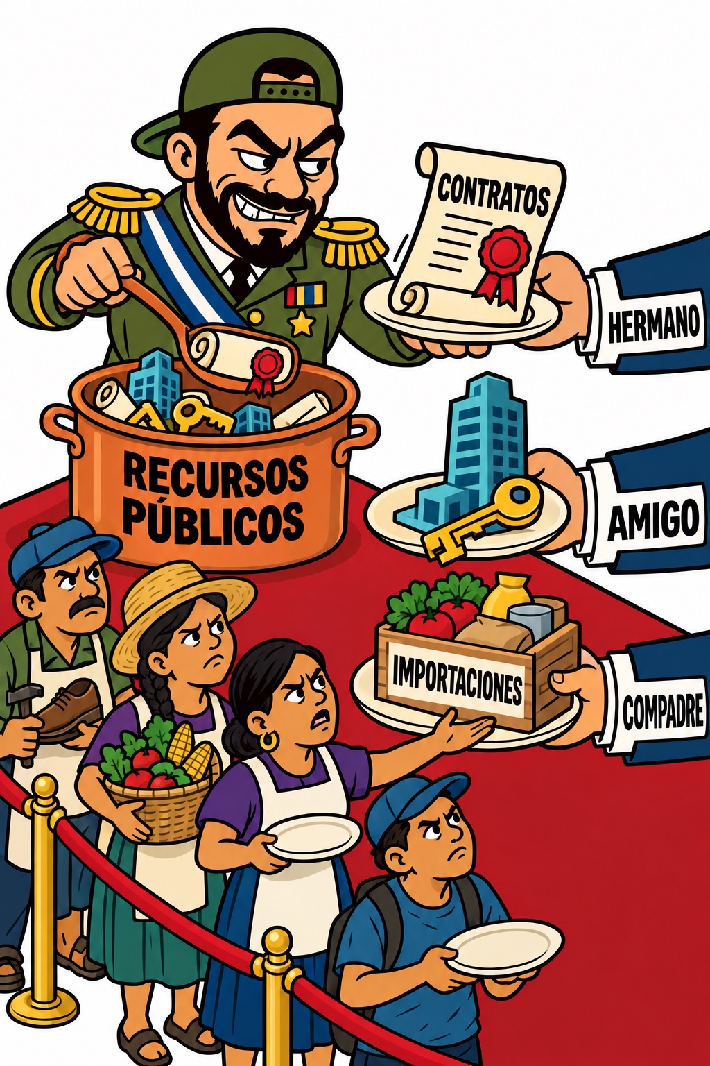 Caricatura: un gobernante sirve contratos, bienes e importaciones a manos rotuladas hermano, amigo y compadre; trabajadores esperan con platos vacíos.